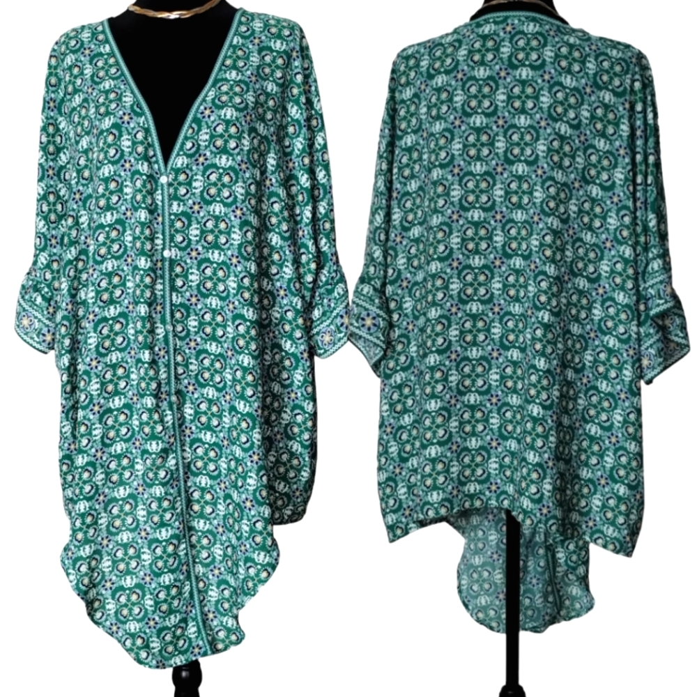 Max Studio 2X Plus Size Flowy Reverse Hi Low Button Up Blouse